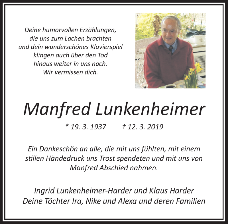  Traueranzeige für Manfred Lunkenheimer vom 25.05.2019 aus Rheinische Post