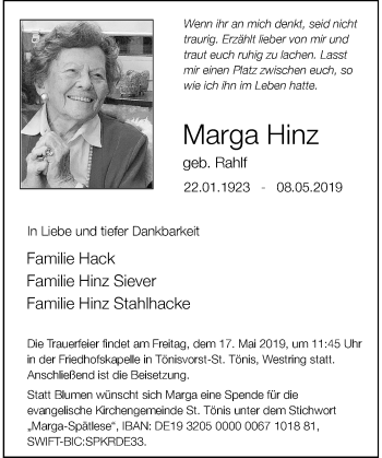 Traueranzeige von Marga Hinz von Rheinische Post