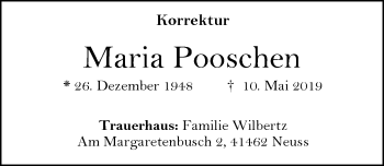 Traueranzeige von Maria Pooschen von Rheinische Post