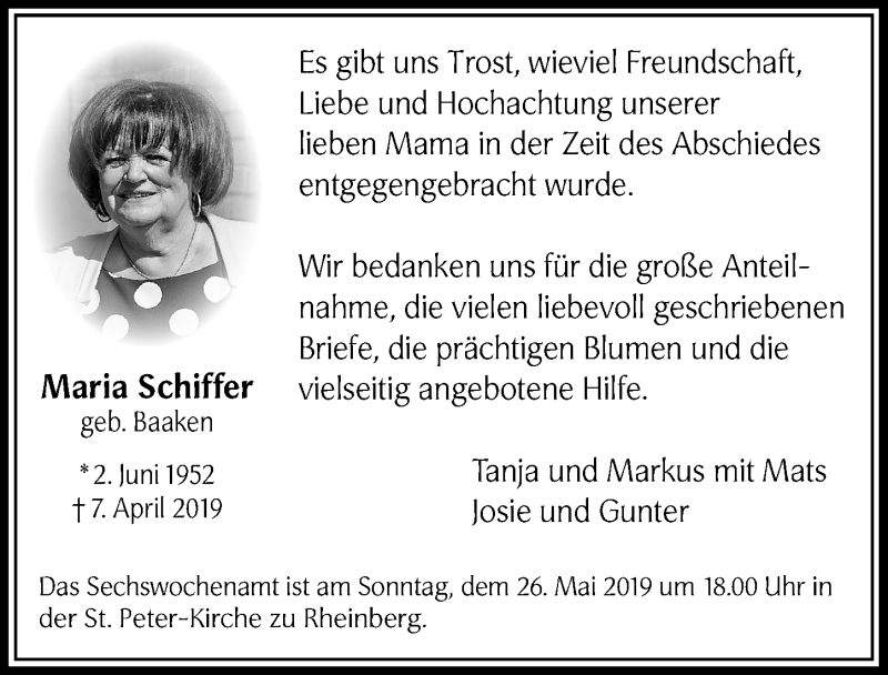  Traueranzeige für Maria Schiffer vom 18.05.2019 aus Rheinische Post