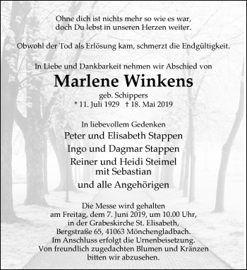 Traueranzeige von Marlene Winkens von Rheinische Post