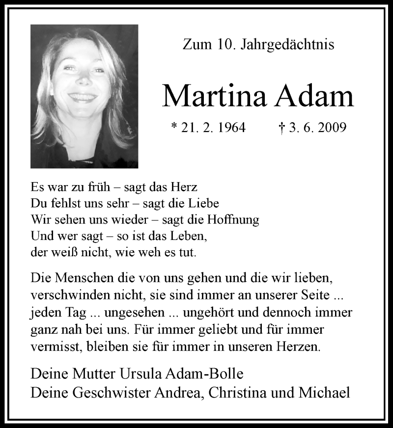  Traueranzeige für Martina Adam vom 01.06.2019 aus Rheinische Post