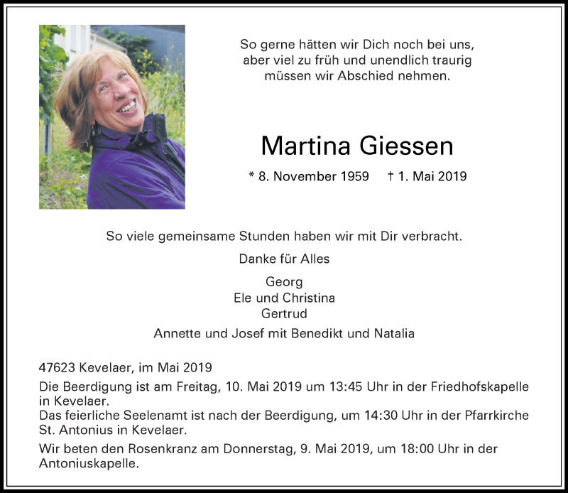  Traueranzeige für Martina Giessen vom 07.05.2019 aus Rheinische Post