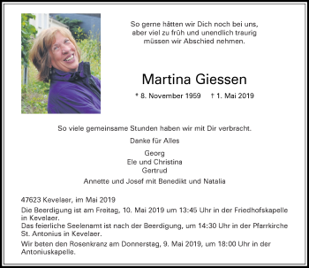 Alle Traueranzeigen für Martina Giessen | trauer.rp-online.de