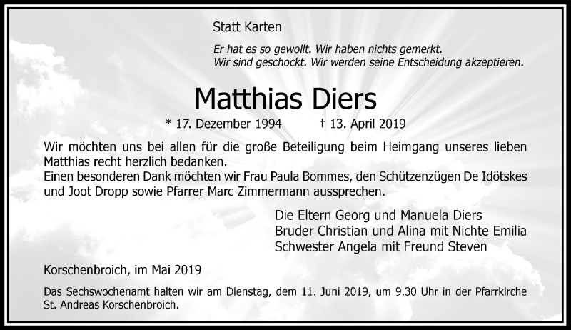  Traueranzeige für Matthias Diers vom 18.05.2019 aus Rheinische Post