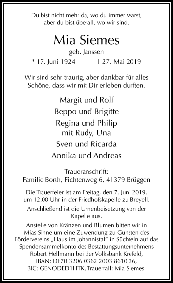 Traueranzeige von Mia Siemes von Rheinische Post
