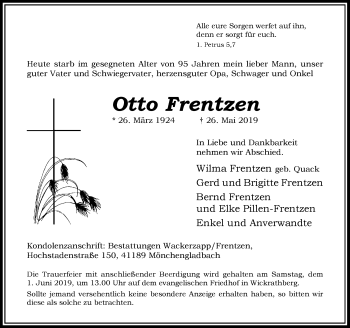 Traueranzeige von Otto Frentzen von Rheinische Post