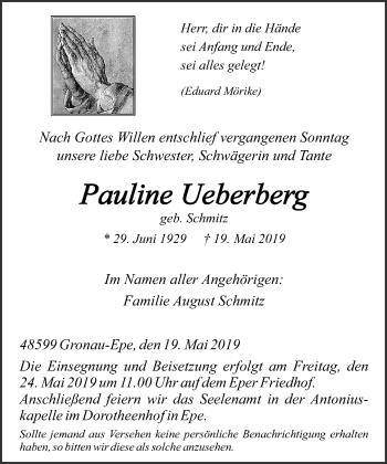 Todesanzeige von Pauline Ueberberg von Rheinische Post