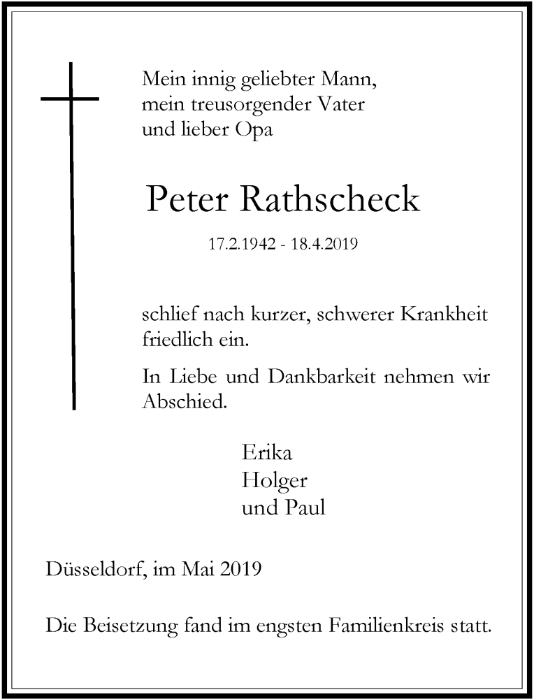  Traueranzeige für Peter Rathscheck vom 25.05.2019 aus Rheinische Post