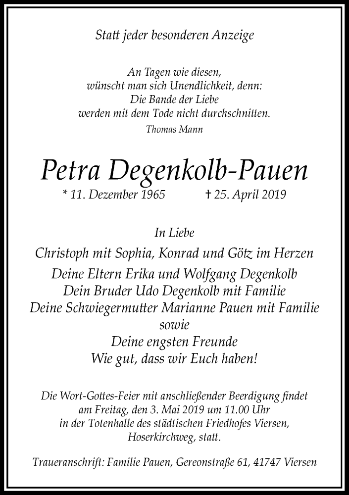  Traueranzeige für Petra Degenkolb-Pauen vom 01.05.2019 aus Rheinische Post
