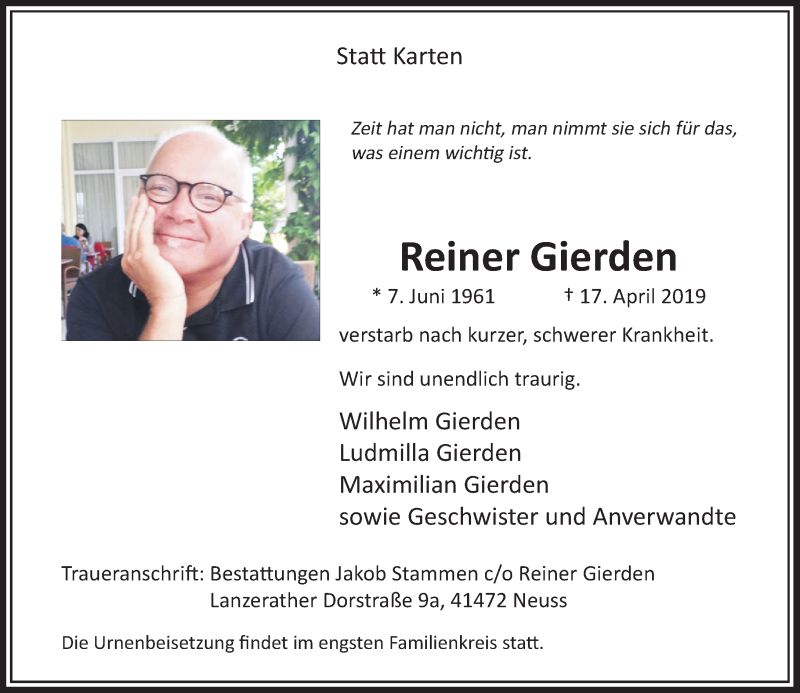  Traueranzeige für Reiner Gierden vom 04.05.2019 aus Rheinische Post