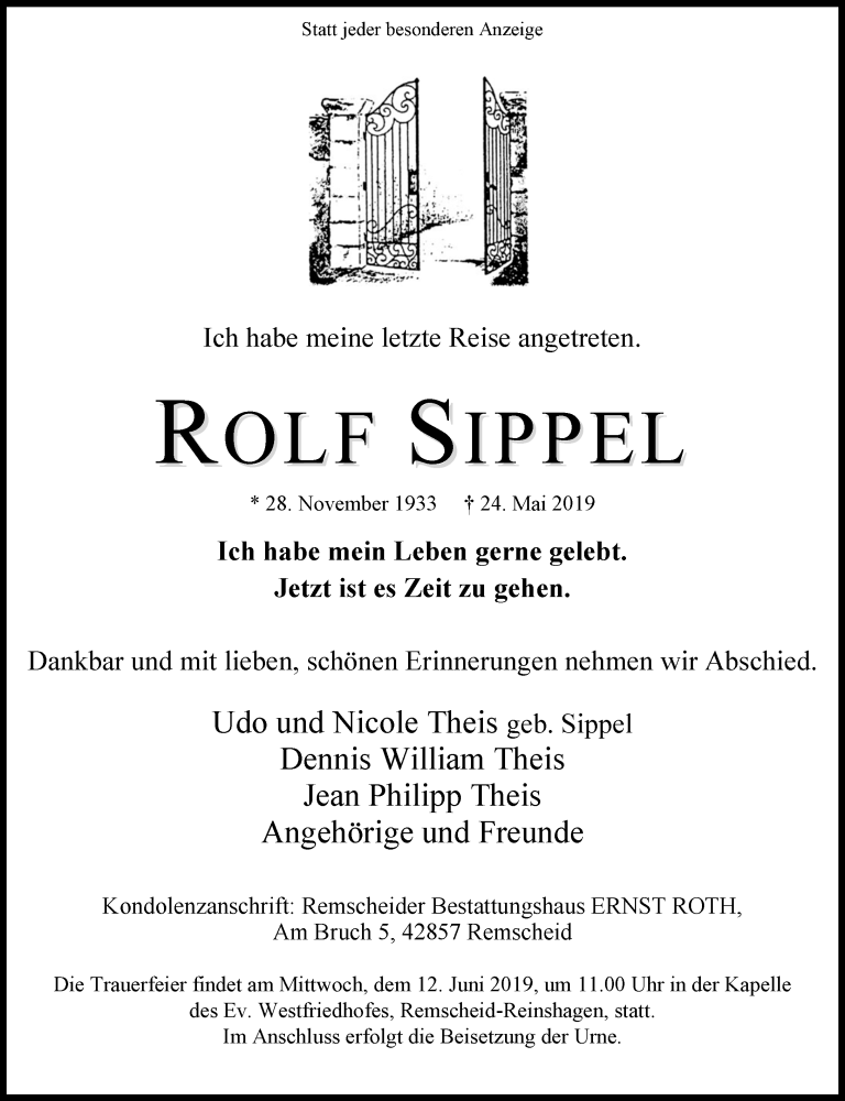  Traueranzeige für Rolf Sippel vom 08.06.2019 aus Rheinische Post