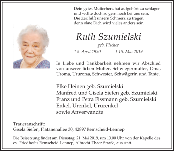 Traueranzeige von Ruth Szumielski von Rheinische Post