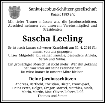 Traueranzeige von Sascha Leeling von Rheinische Post