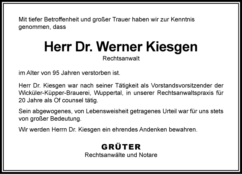  Traueranzeige für Werner Kiesgen vom 25.05.2019 aus Rheinische Post