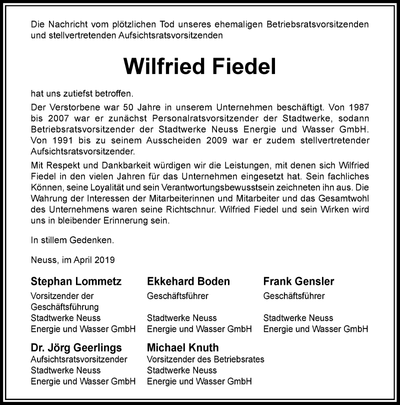  Traueranzeige für Wilfried Fiedel vom 04.05.2019 aus Rheinische Post