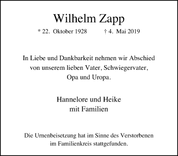 Traueranzeige von Wilhelm Zapp von Rheinische Post