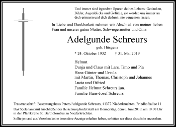 Traueranzeige von Adelgunde Schreurs von Rheinische Post