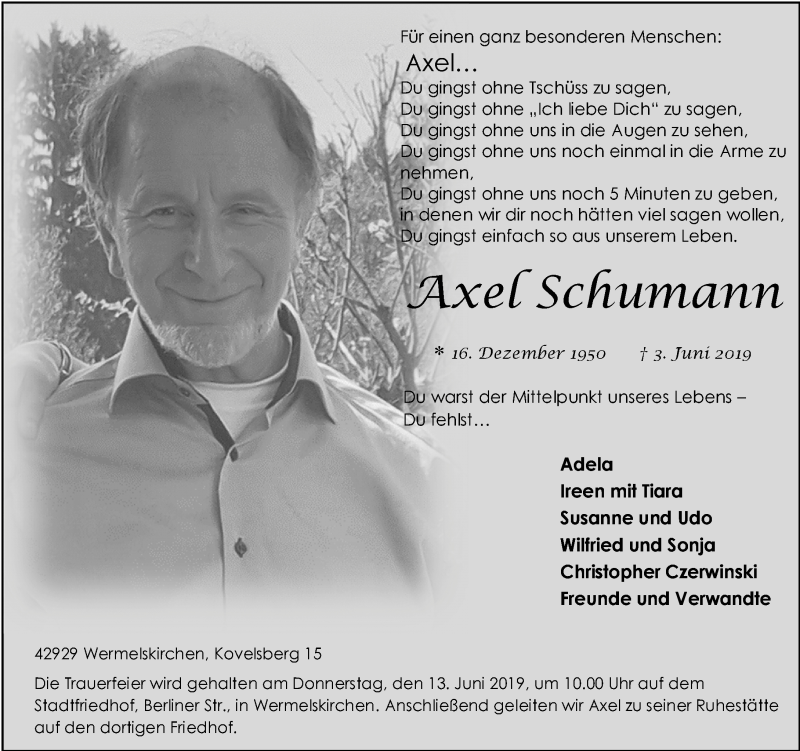  Traueranzeige für Axel Schumann vom 11.06.2019 aus Rheinische Post