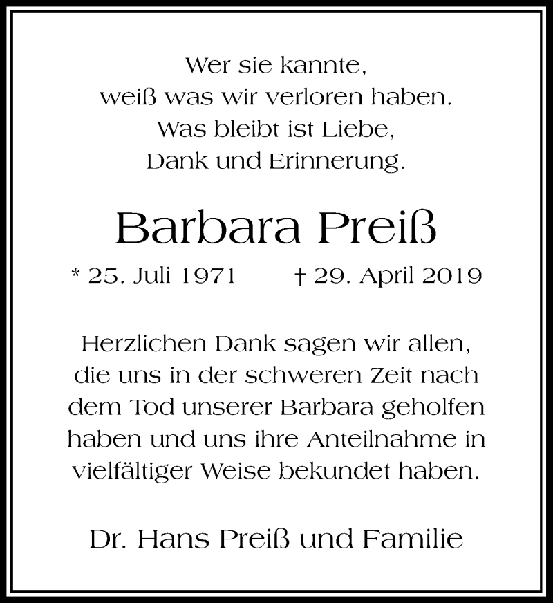 Traueranzeige für Barbara Preiß vom 08.06.2019 aus Rheinische Post