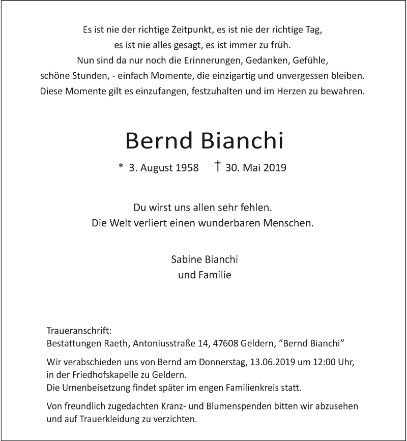  Traueranzeige für Bernd Bianchi vom 05.06.2019 aus Rheinische Post