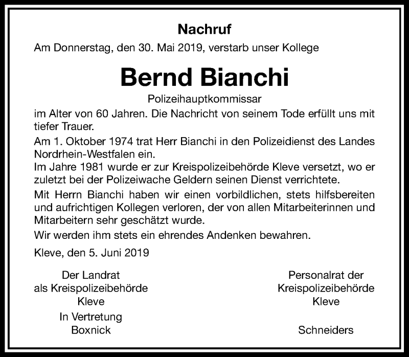  Traueranzeige für Bernd Bianchi vom 08.06.2019 aus Rheinische Post