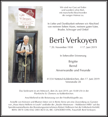 Traueranzeige von Berti Verkoyen von Rheinische Post