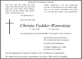 Traueranzeige von Christa Vedder-Wawotzny von Rheinische Post