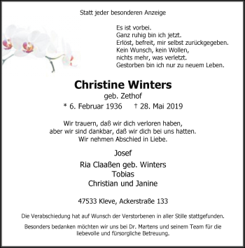 Traueranzeige von Christine Winters von Rheinische Post