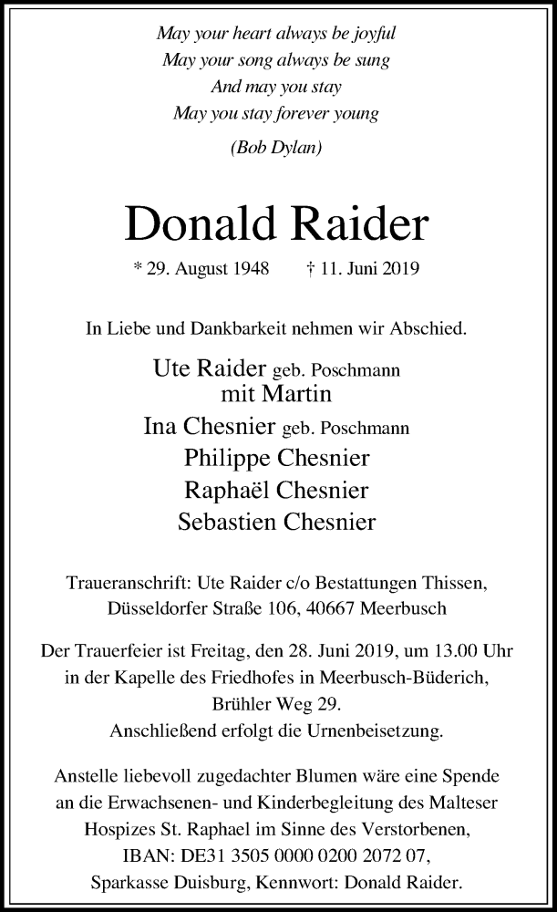 Traueranzeige für Donald Raider vom 15.06.2019 aus Rheinische Post
