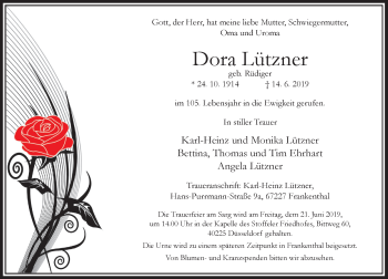 Traueranzeige von Dora Lützner von Rheinische Post