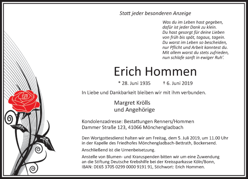  Traueranzeige für Erich Hommen vom 22.06.2019 aus Rheinische Post