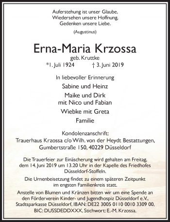 Traueranzeige von Erna-Maria Krzossa von Rheinische Post