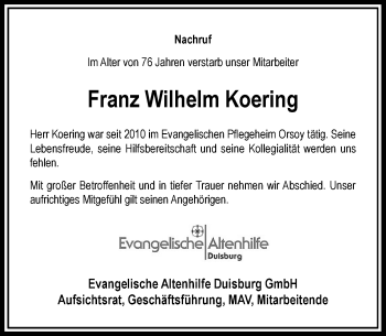 Traueranzeige von Franz Wilhelm Koering von Rheinische Post