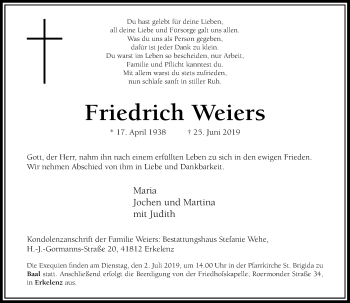 Traueranzeige von Friedrich Weiers von Rheinische Post