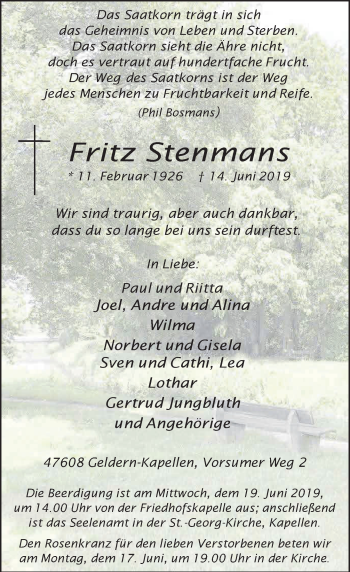 Traueranzeige von Fritz Stenmans von Rheinische Post