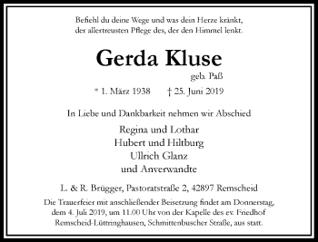 Traueranzeige von Gerda Kluse von Rheinische Post