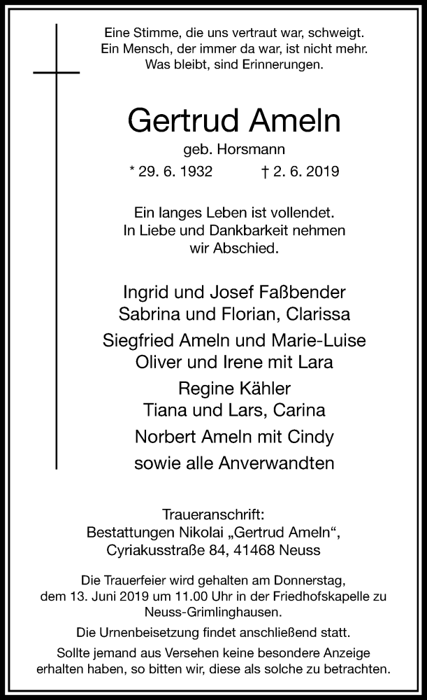  Traueranzeige für Gertrud Ameln vom 08.06.2019 aus Rheinische Post