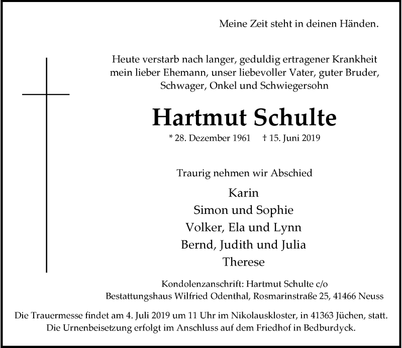  Traueranzeige für Hartmut Schulte vom 29.06.2019 aus Rheinische Post