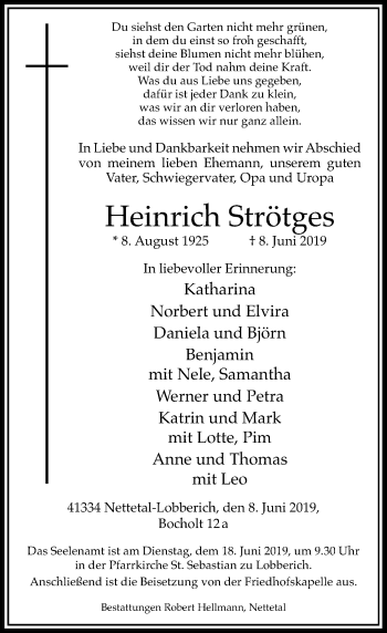Traueranzeige von Heinrich Strötges von Rheinische Post