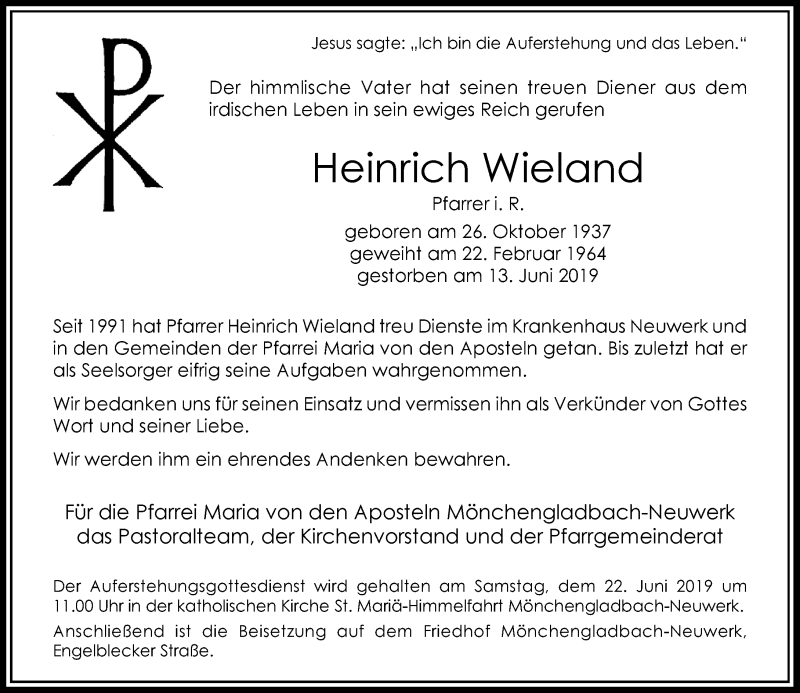 Traueranzeige für Heinrich Wieland vom 19.06.2019 aus Rheinische Post