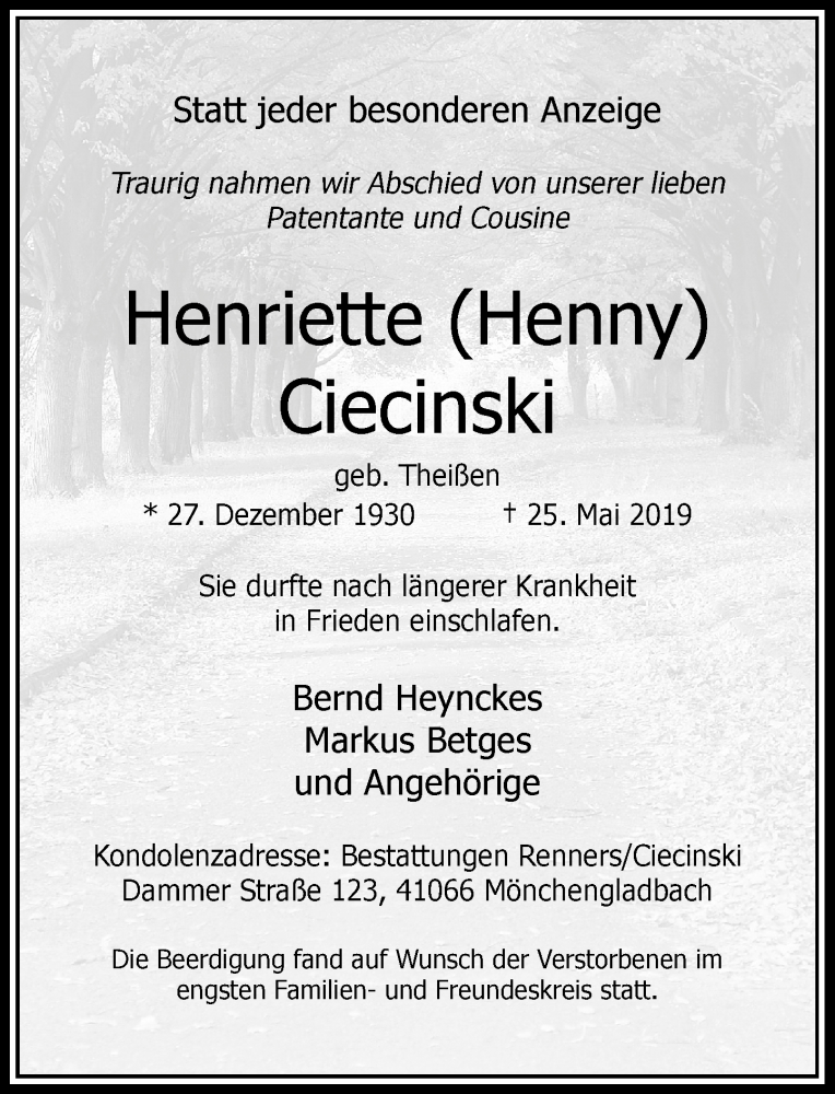  Traueranzeige für Henriette Ciecinski vom 15.06.2019 aus Rheinische Post