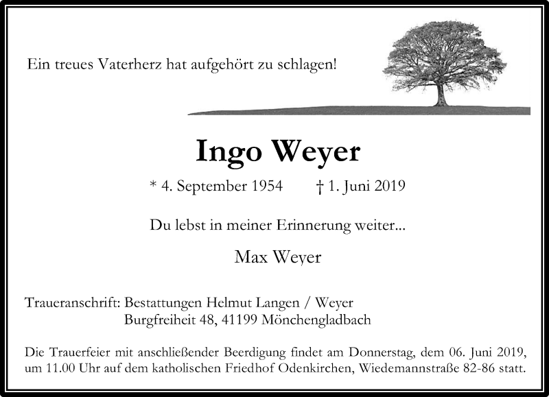  Traueranzeige für Ingo Weyer vom 04.06.2019 aus Rheinische Post