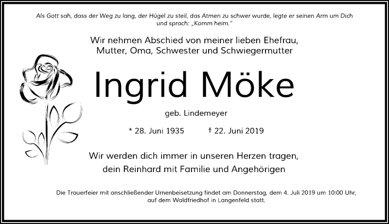  Traueranzeige für Ingrid Möke vom 29.06.2019 aus Rheinische Post