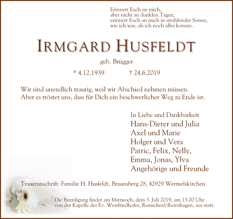  Traueranzeige für Irmgard Husfeldt vom 29.06.2019 aus Rheinische Post