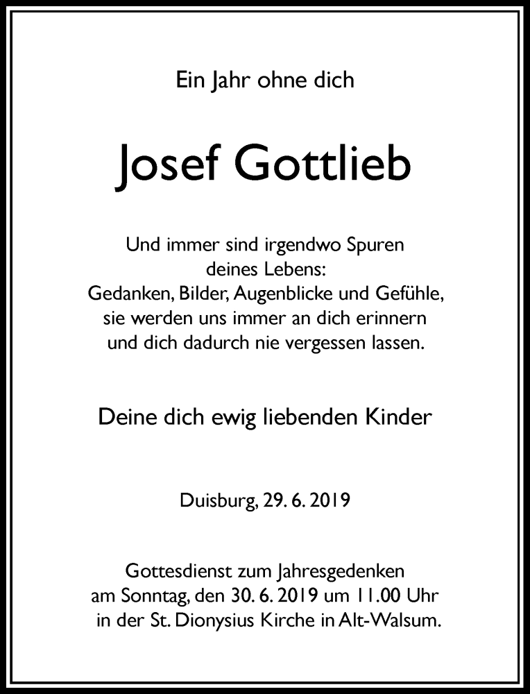  Traueranzeige für Josef Gottlieb vom 29.06.2019 aus Rheinische Post