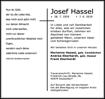 Traueranzeige von Josef Hassel von Rheinische Post