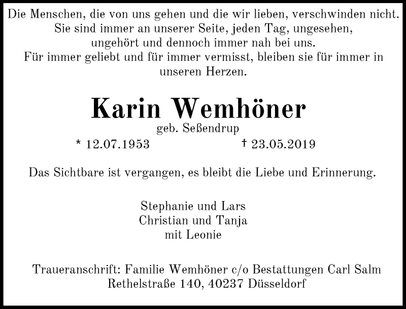  Traueranzeige für Karin Wemhöner vom 08.06.2019 aus Rheinische Post