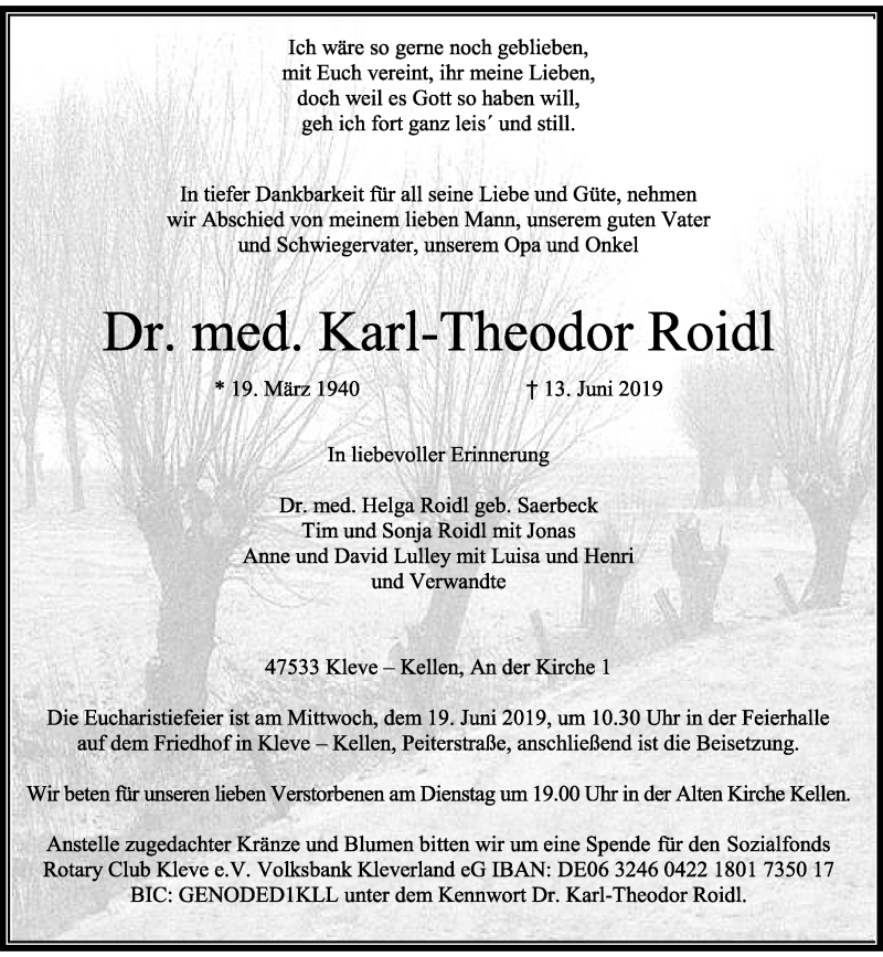  Traueranzeige für Karl-Theodor Roidl vom 15.06.2019 aus Rheinische Post