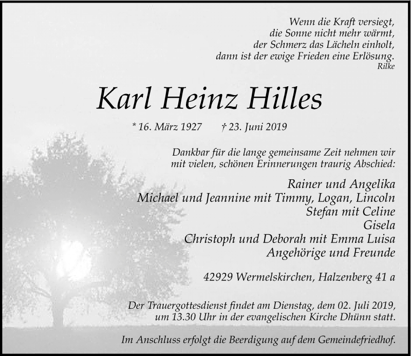  Traueranzeige für Karl Heinz Hilles vom 27.06.2019 aus Rheinische Post